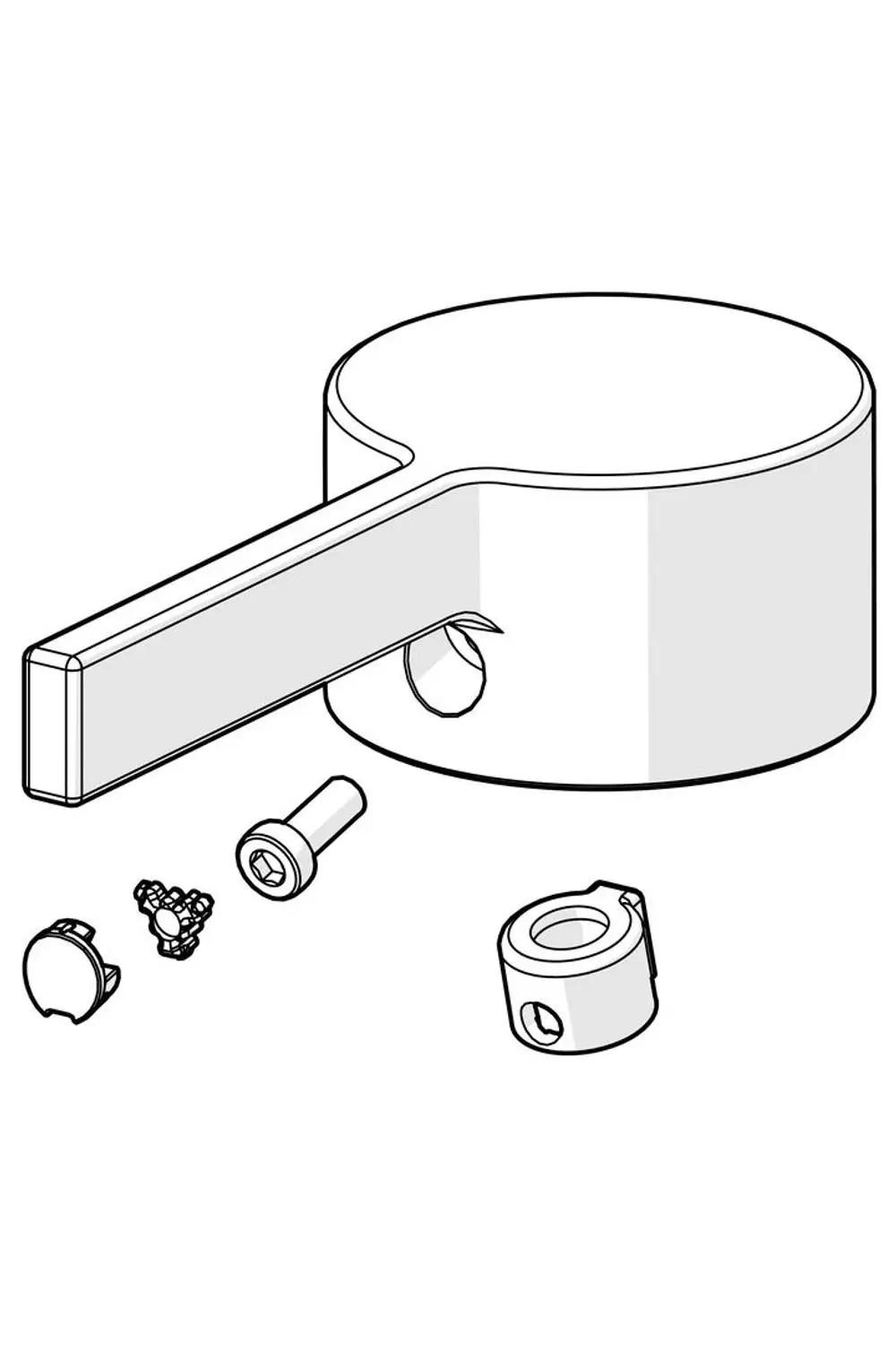 Grafische Darstellung eines HANSALOFT Hebels mit verschiedenen Einzelteilen, darunter Schrauben und Montagescheiben, zur Illustration des Zusammenbaus oder der Montage.